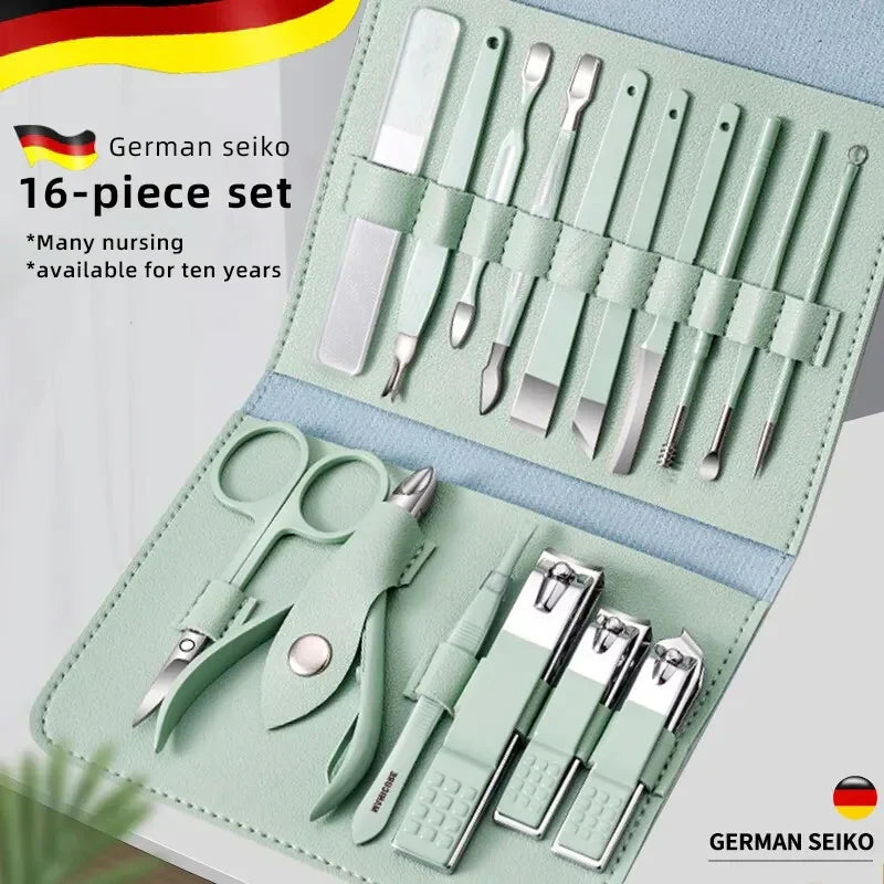 16 PCS Professional Stainless Steel Nail Clipper Manicure Pedicure Set with Leather Case